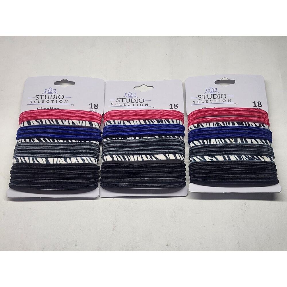 (3 pks) Pink/Zebra/Asst Colors 18 PCS STUDIO SELECTION ELASTICS~54 Hair Ties